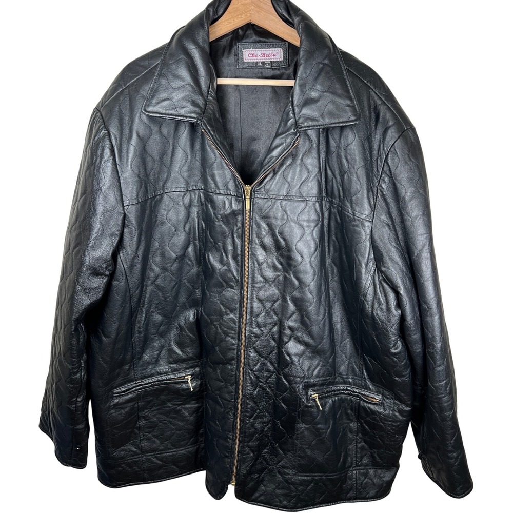 Che Bella Mens Genuine Leather Quilted 90s‎ Jacket Black XL Fur Collar Hooded